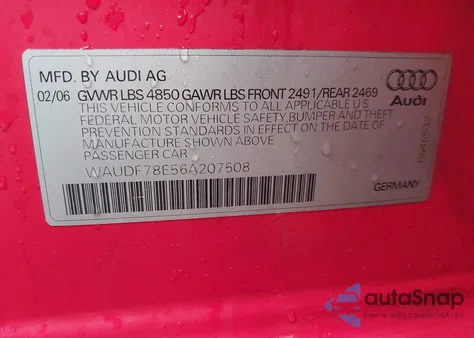 2006 Audi A4 2.0T z USA, uszkodzony, nr VIN WAUDF78E56A207508
